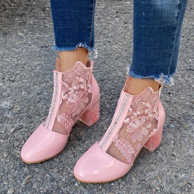 fashion Rimocy Sexy Black Mesh Embroider Ankle Boots for Women Summer 2024 Crystal Square Heels Boots Woman white Lace Short Botas mujer