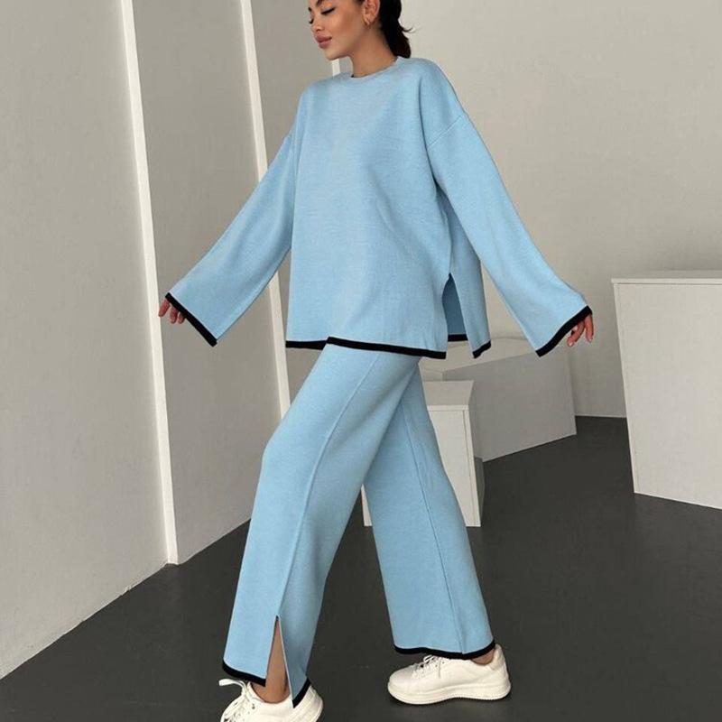 

Cross Border Новый модный костюм с длинными рукавами и круглым вырезом, контрастный разрез сверху, повседневные брюки, комплект из двух предметов M синий
