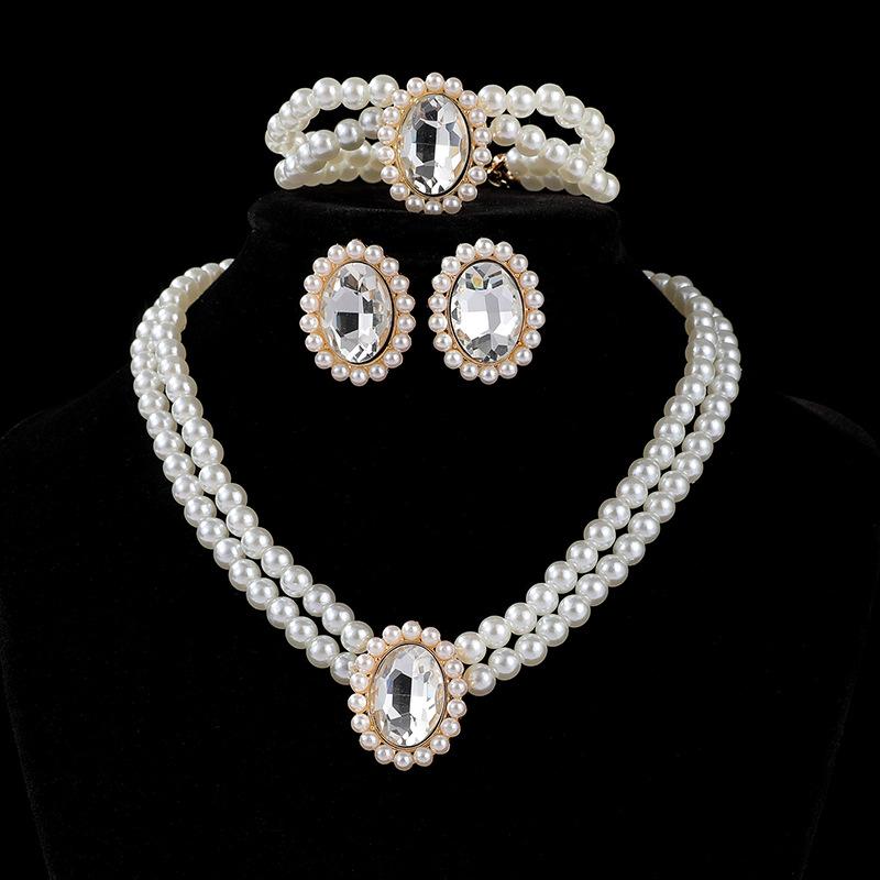 Multi-layer Neck Chain, Double-layer Imitation Pearl Oval Crystal Necklace, Stud Earrings, Bracelet, Three-piece Set.