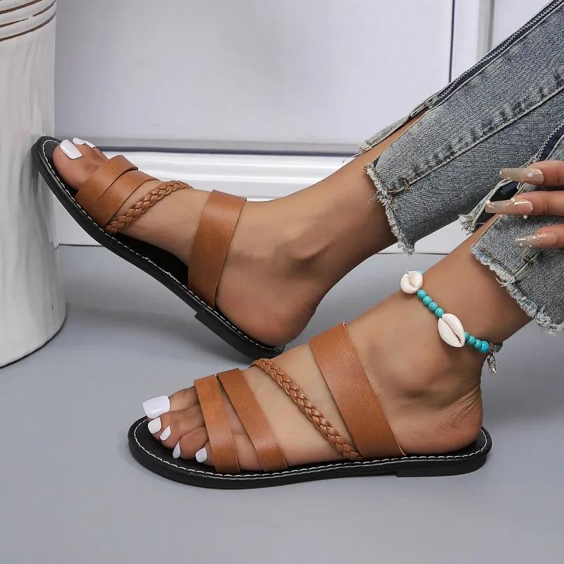 

Женская обувь, горячая распродажа, базовые женские тапочки, модные повседневные тапочки с открытым носком, женские летние тапочки больших размеров на плоской подошве 43 коричневый