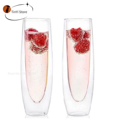Juego de 6 Copas de Champán de Doble Pared Resistentes al Calor Sin Pie Copas Transparentes para Vino Espumoso Flauta para Boda