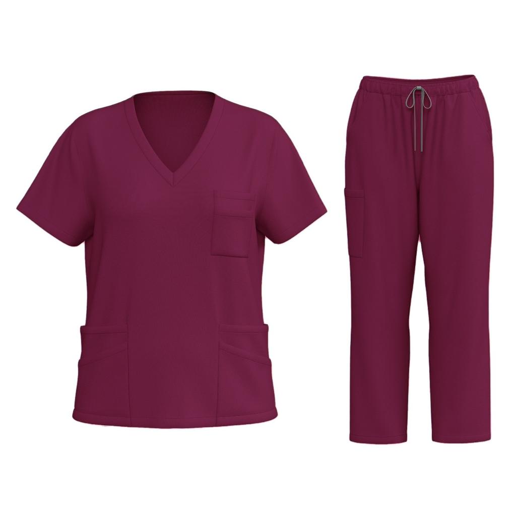 Women's Fashion Short Sleeve V Neck Pattern Tops Pocket Working Set