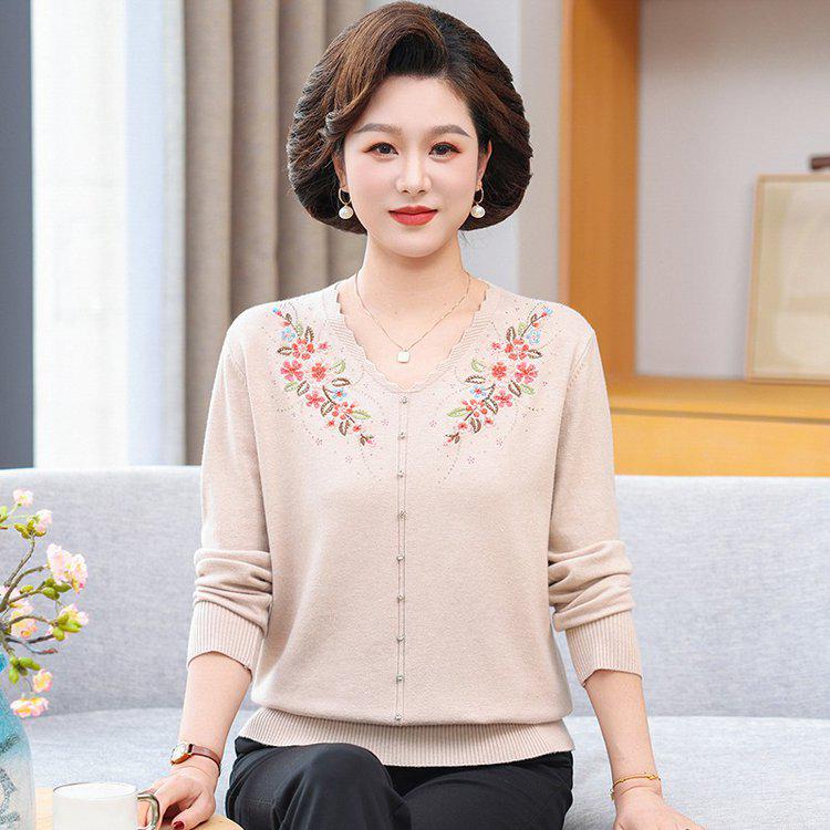 V-Neck Embroidered Knit Cardigan for Mature Women - Spring/Autumn Mother's Top