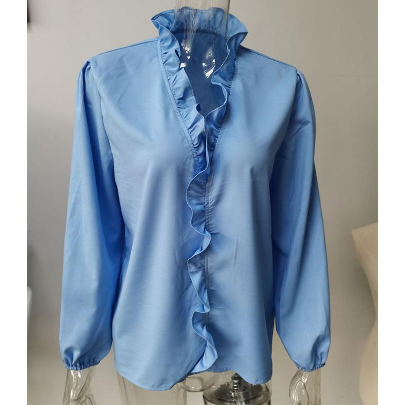 Sommer Herbst Neue Langarm Rüschen Casual Shirt Frauen Tops Vintage Print Elegante Plus Größe Bluse Frauen Mode Tasten Lose Weibliche Shirts 24662