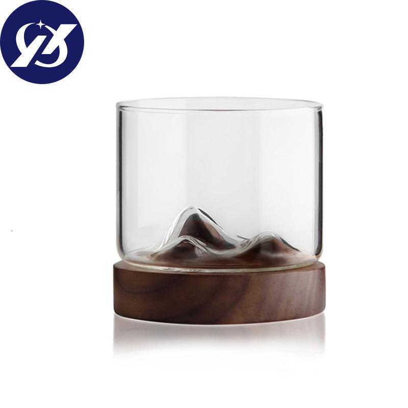 120ML Transparent Mountain W skey Glass with Wooden Base Heat Resistant Beer Glass Wine Water Tea Cup Set Bar Drinkware