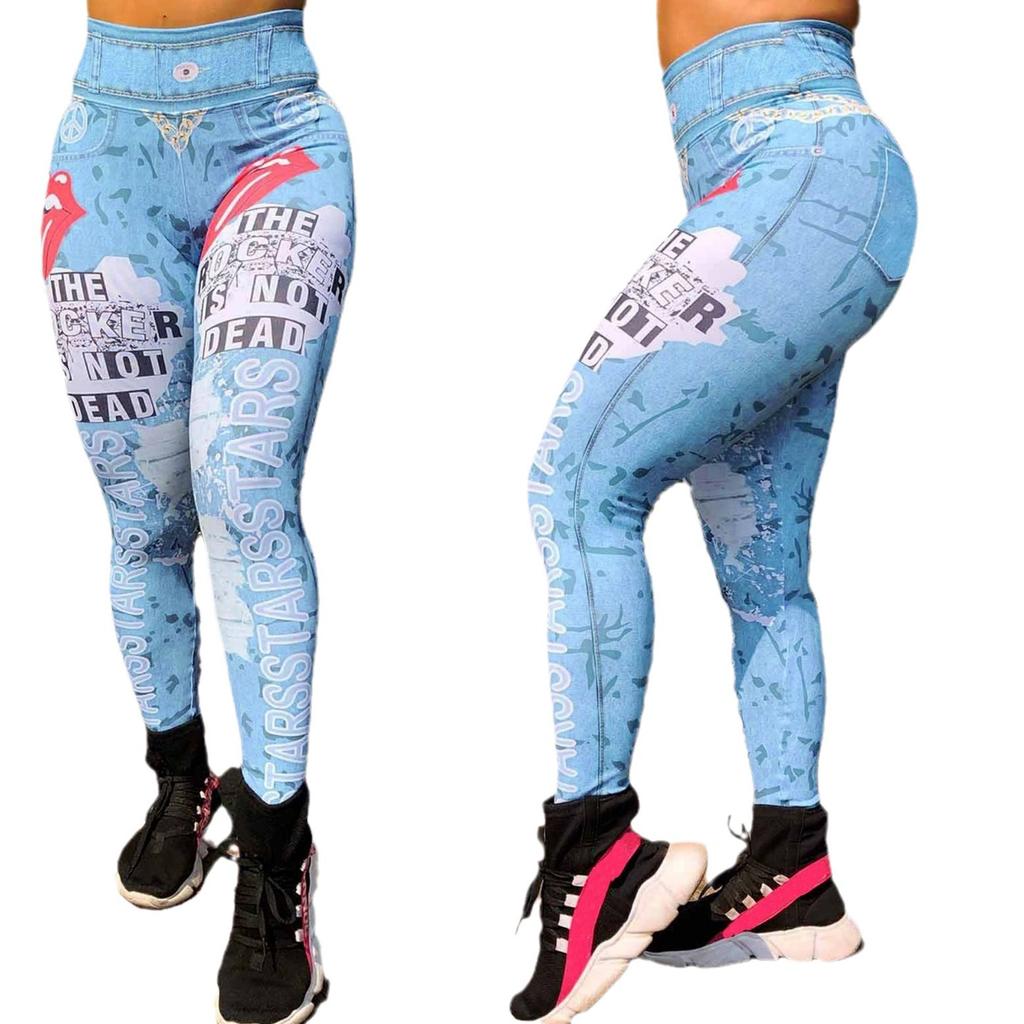 New Women's Big Tongue Letter Print Yoga Pants High Waist Faux Denim Fitness Pants Exercise Yoga