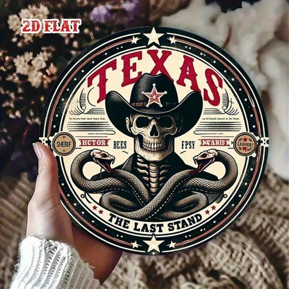 Vintage Metal Tin Sign Cowboy Skull Western Retro Wall Decor Round 8x8 Inch Flat Aluminum Plate Art for Bar Garage Man Cave