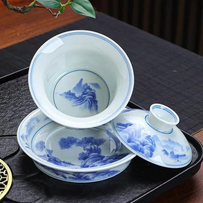 150ml Chinese Blue and White Porcelain Gaiwan Ceramic Landscape Painting Tea Maker Retro Tea Bowl with Cover Beauty Teacup