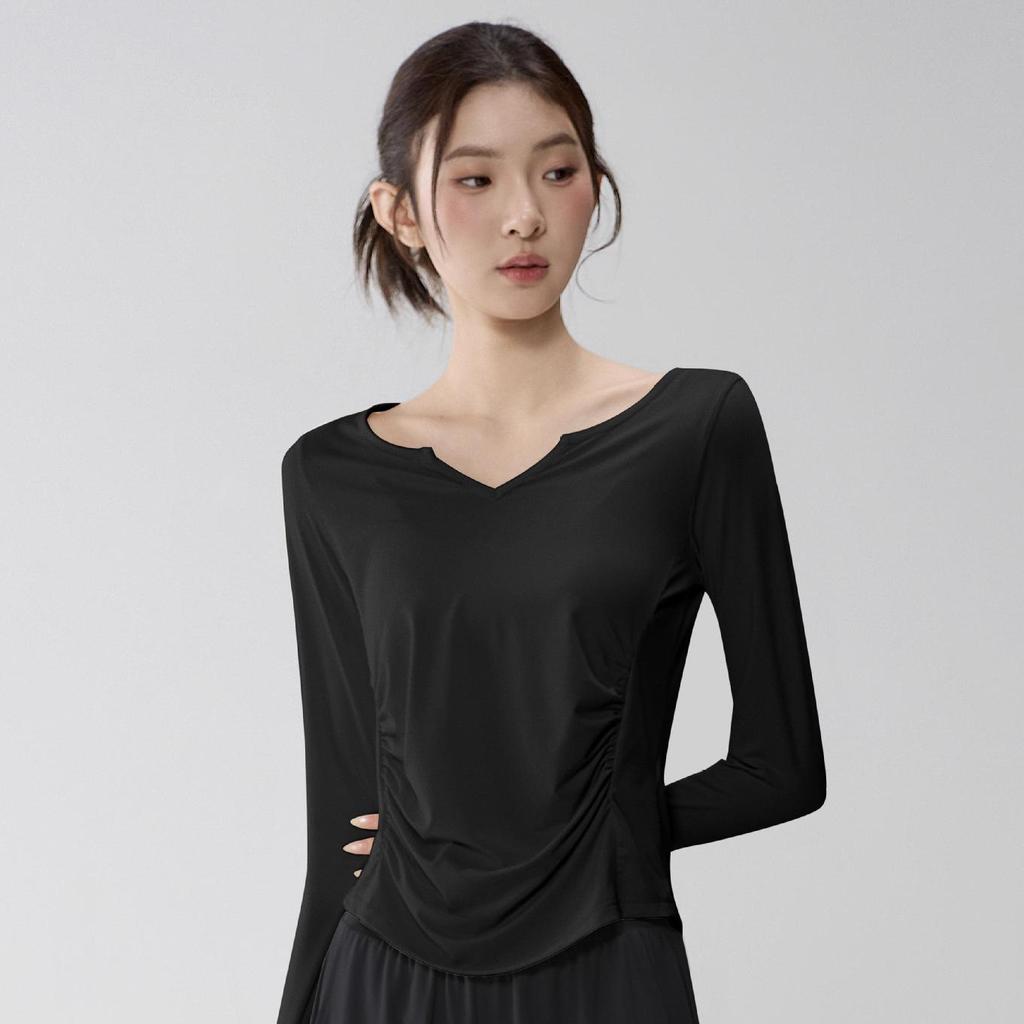 Women's V-Neck Yoga Suit: Loose, Quick-Dry, Long Sleeve for Casual Sports and Pilates Training