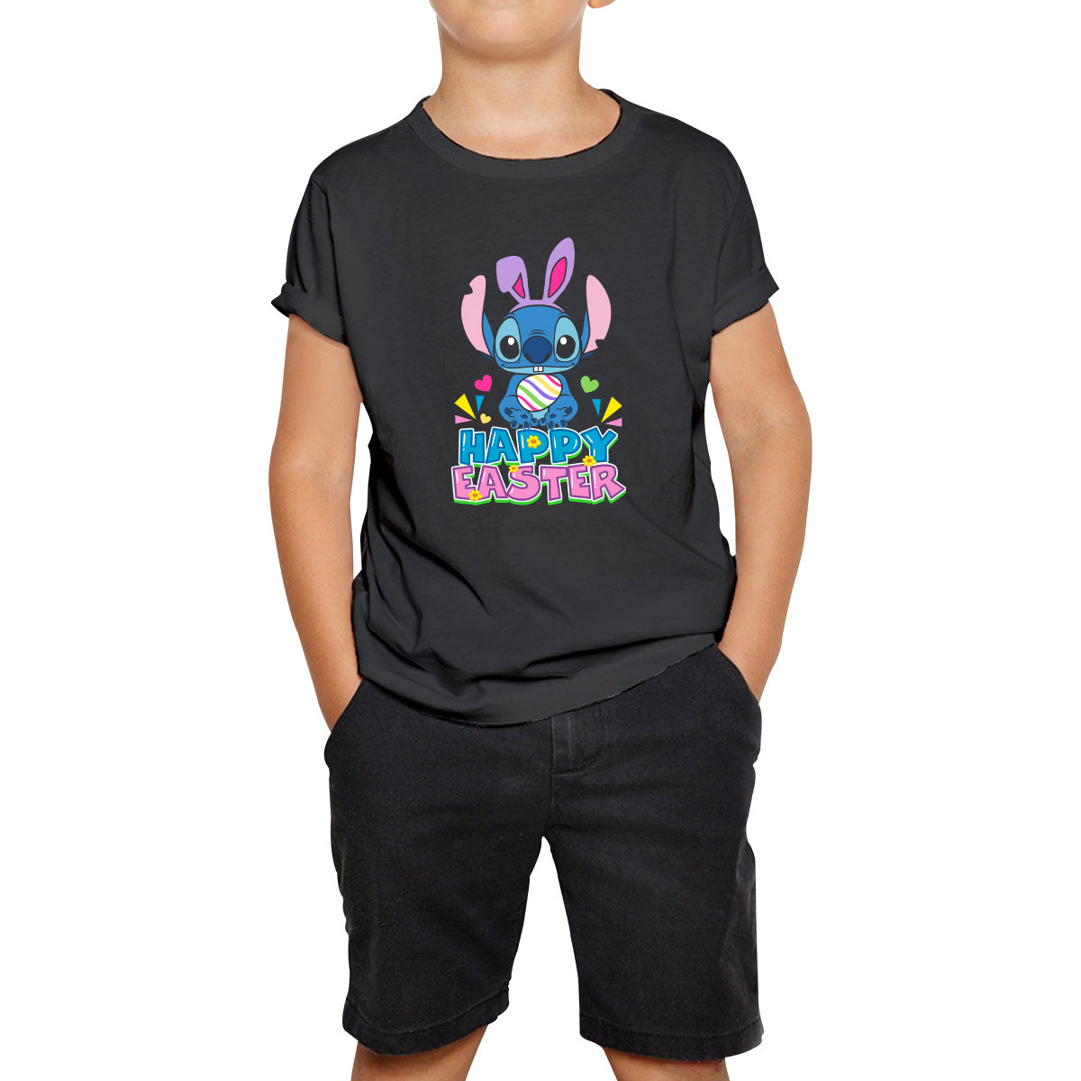 Happy Easter Stitch Bunny Holding Easter Eggs Cute Cartoon Lilo & Stitch Easter Bunny Spoof Egg Hunt Kids T Shirt 110