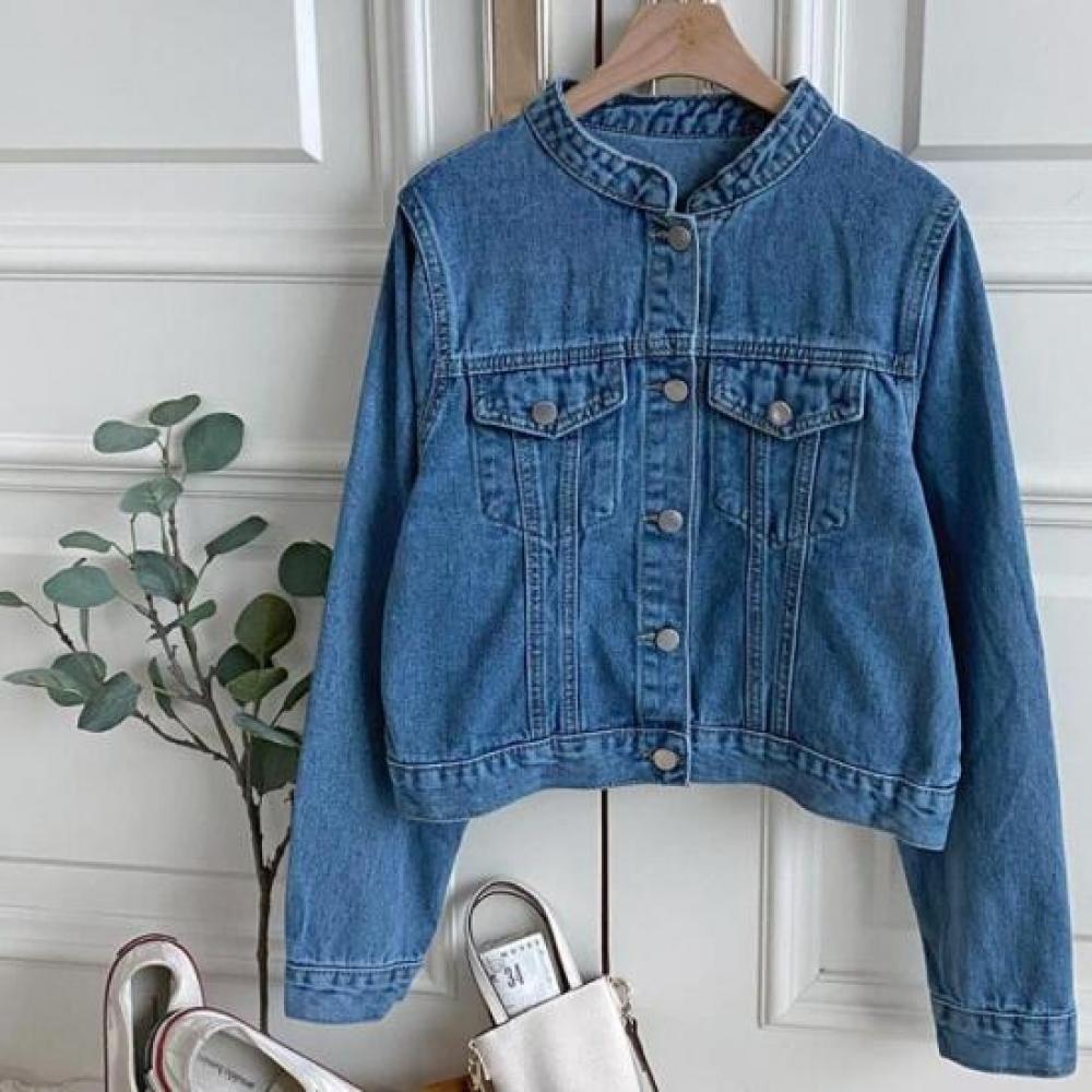 New Arrivals Open Run Women Henry Neck Slim Fit Spring Outer Denim Jacket Mid By