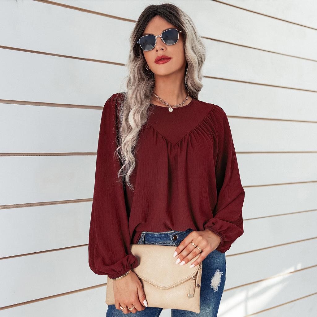 Women Autumn Solid Color Round Neck Pullover Loose Long Sleeve T Shirt Top