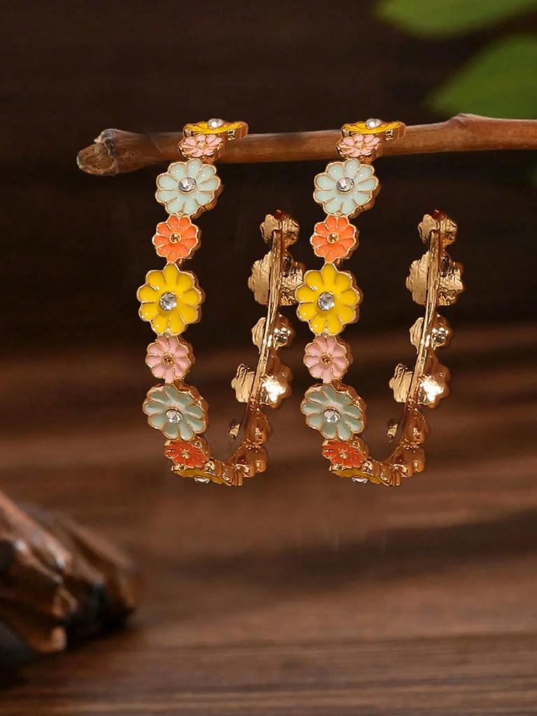 Fashion Floral Design Resin Druzy Hoop Earrings, Cute Women’s Earrings – Natural Craft Variations May Apply