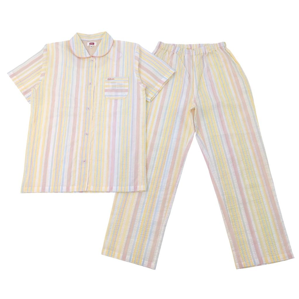 Takihyo EDWIN Short Sleeve Pajama Cotton Soccer Check and Stripe Short Cropped Shirt Yellow Women's Set, Blend, Pattern, Open-Front, Sleeves, Pants,