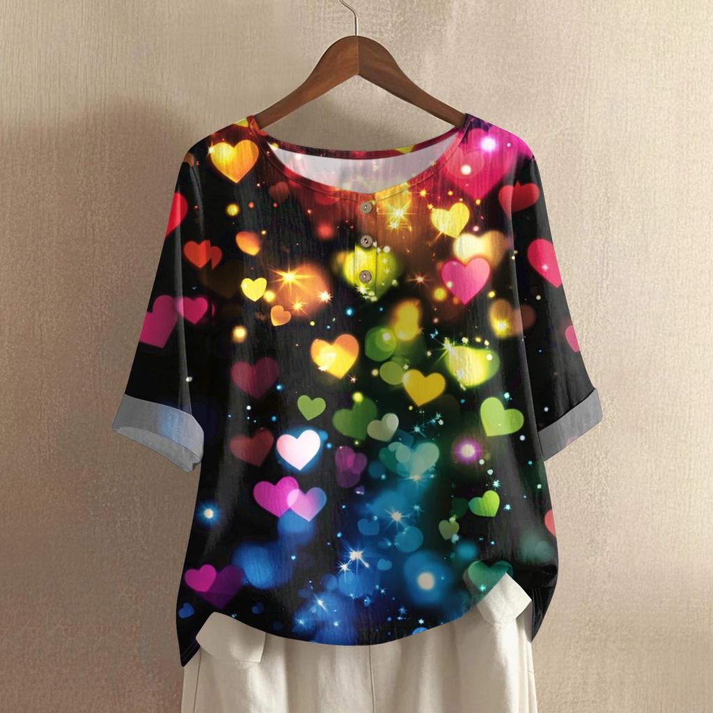 Damska casualowa i wygodna bawełniano-lniana bluzka z okrągłym dekoltem, średniej długości, z modnym nadrukiem