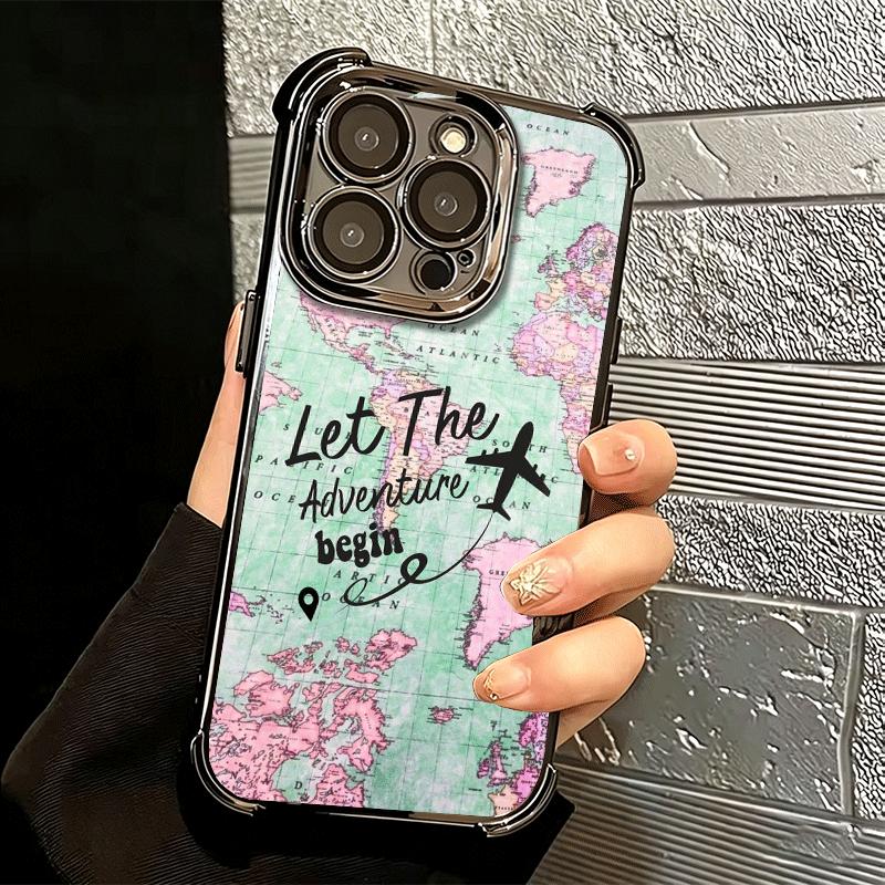 Travel Map Artistic Pattern Plating Phone Case For Iphone 16 17 Pro Max Air 16E 14 15 Plus 12 13 Mini Anti-Fall Airabag Cover