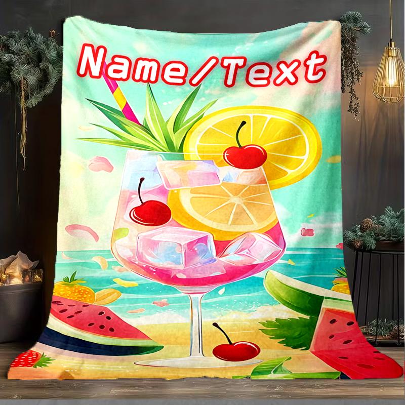 1PC Custom Name Summer Fruit Cocktail Outdooor Flannel Blankets Throw Blanket All-Season Throw Gift Bedspread for Couch, Bed, Camping Holiday Birthda