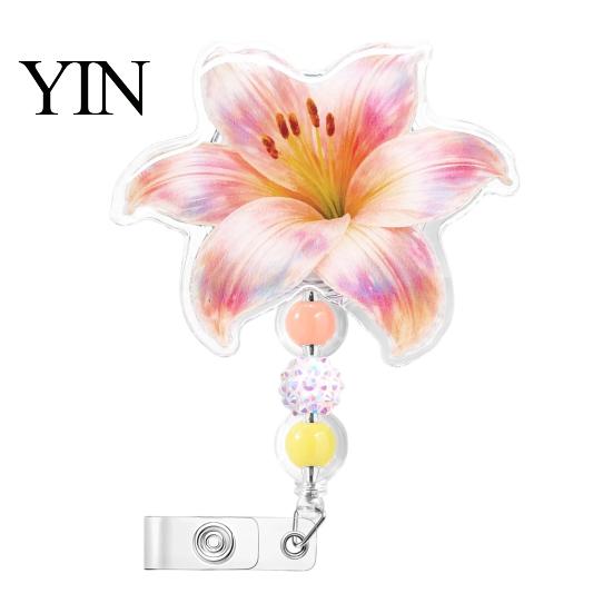 Decorative ID Badge Reel for Nurses Cute Flower Reels, Retractable Nurse Clip with Beaded Secure Backpacks Charm, Floral Name Card Holder Teacher