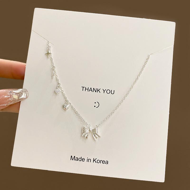 Silver Love Bow Titanium Steel Necklace Women's Niche Sweater Chain Autumn and Winter Temperament