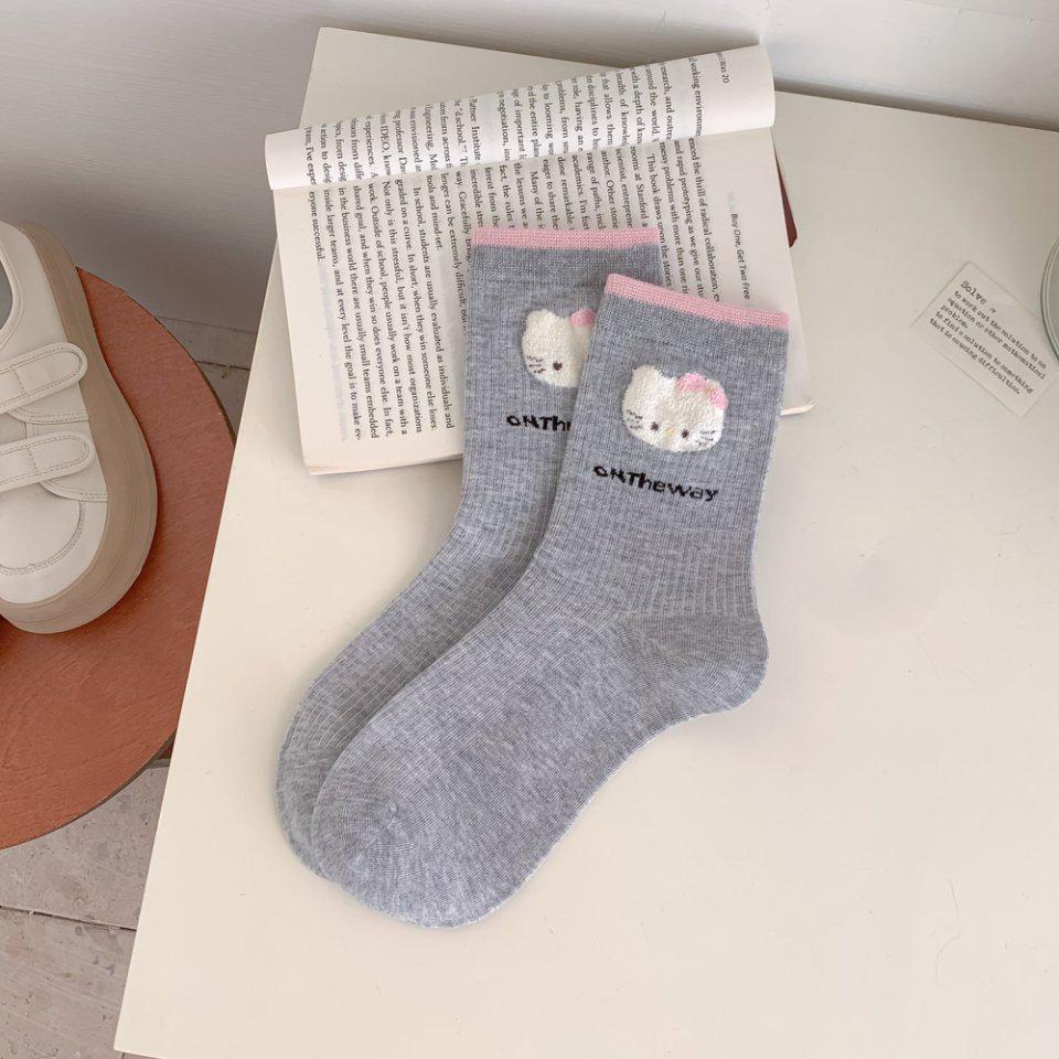 Cotton Cat Socks: Women's Mid-Calf, Spring/Autumn, Japanese & Korean Preppy Styles, Flocked Pile, Long Socks.