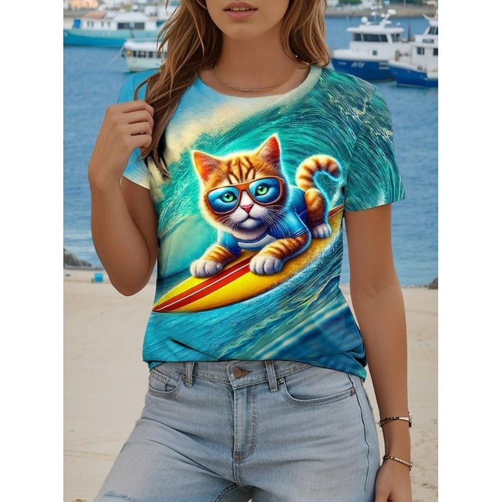 Cute Animal Series 3D Digital Printed Women's Casual and Comfortable Round Neck Short Sleeved T-shirt