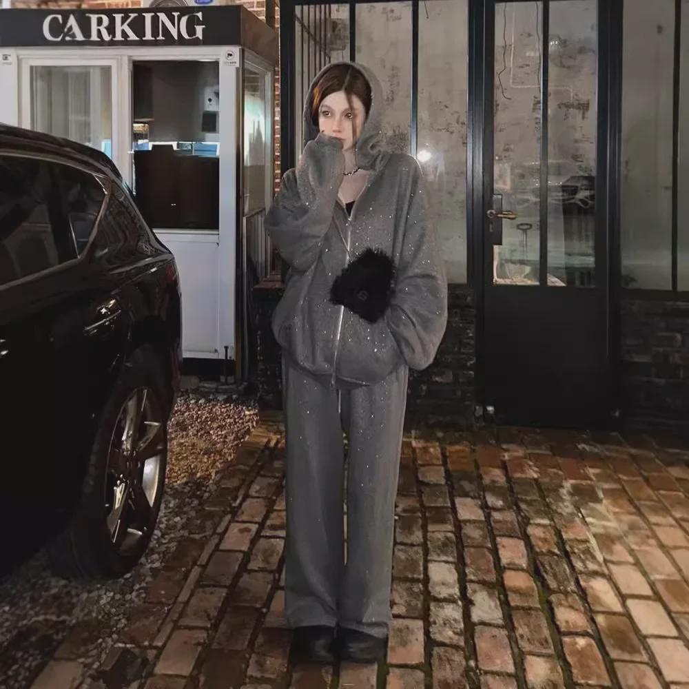 Women's Korean-Style Autumn Sporty Tracksuit: Casual Loose Cardigan Sweatshirt & Petite Sweatpants Two-Piece Set