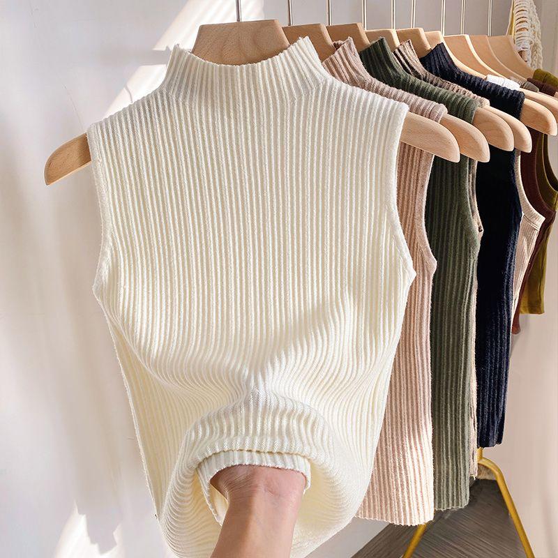 Women's Spring Summer Shrug Short Sleeveless European Style Half High Neck Knit Vest Thin Lining Top