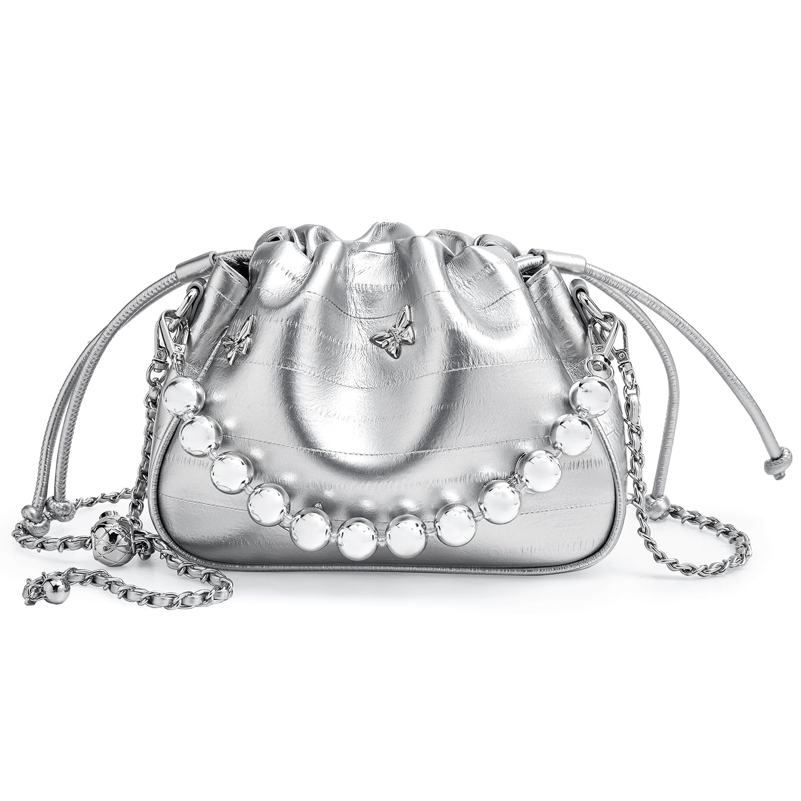 

shoulder crossbody chain [FOXLOVER] Women s handbag, bag, bag, 2-way, cute, lightweight, small, drawstring, (silver)