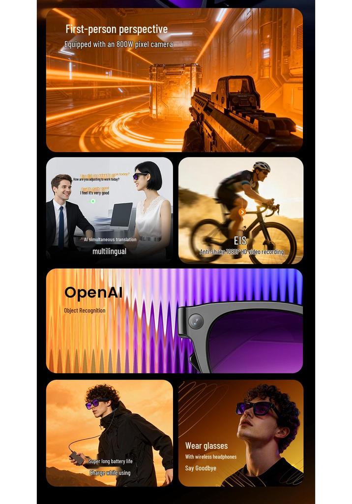 E06 AI Smart Glasses with 800W Pixel HD Camera, Video Recording, Voice Call, and Translation Features