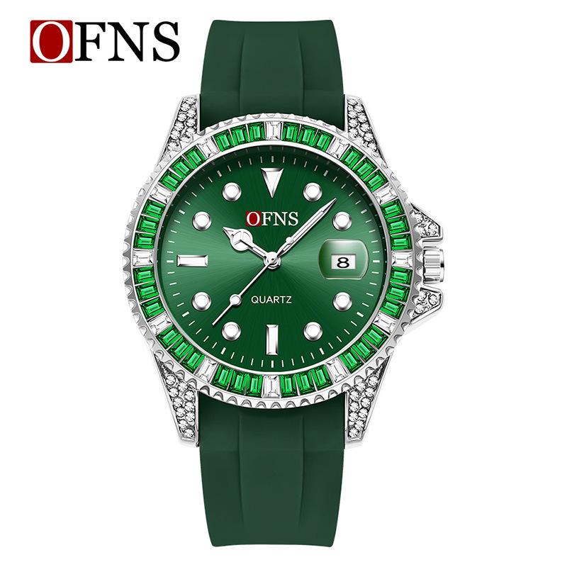 OFNS Green Water Ghost Quartz Men s Watch with Diamond Accents, Black Dial, Calendar, and Waterproof Steel Band.
