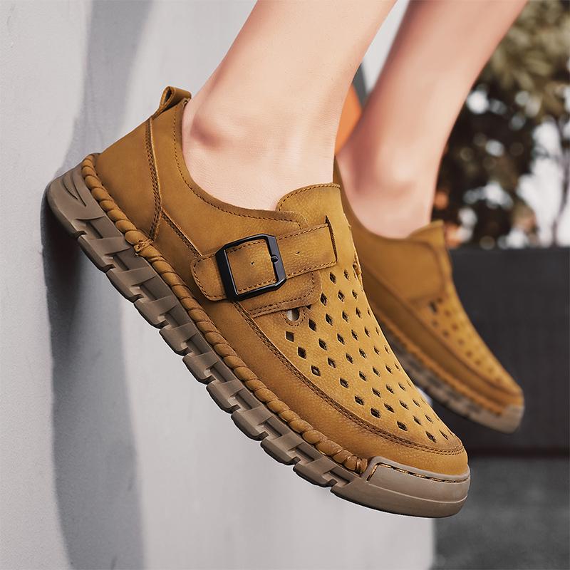 Fashion Men Hollowed Out Casual Shoe Summer Fashion Sports Sandals High-quality Handmade Leather Walking  Summer Designer Shoes   Rubber