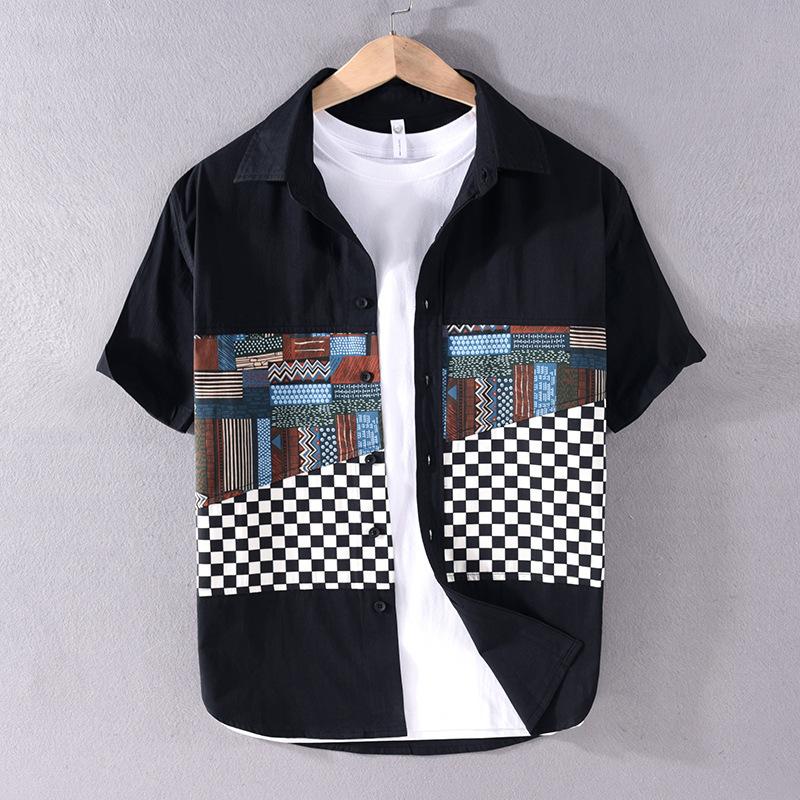 

Мужская рубашка с коротким рукавом в японском стиле, свободные летние топы, молодежная уличная одежда, рубашки с принтом, повседневная рубашка из чистого хлопка XXXL чёрный
