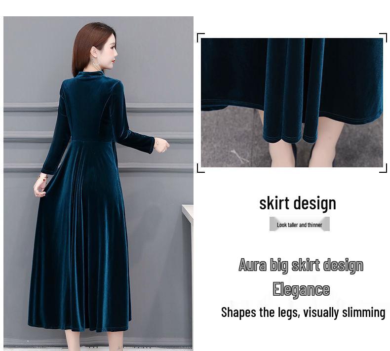Elegant Gold Velvet Cheongsam: Thick, Fashionable Long Dress for Spring and Autumn