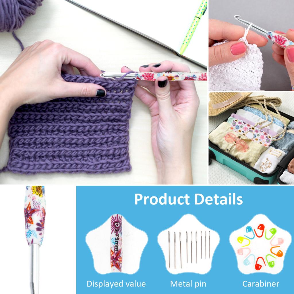 Metal Sunflower Print Crochet Hooks Set In Case Ergonomic Soft Rubber Grip Handle Gift for Beginners Wool Crafts Knitting Tools