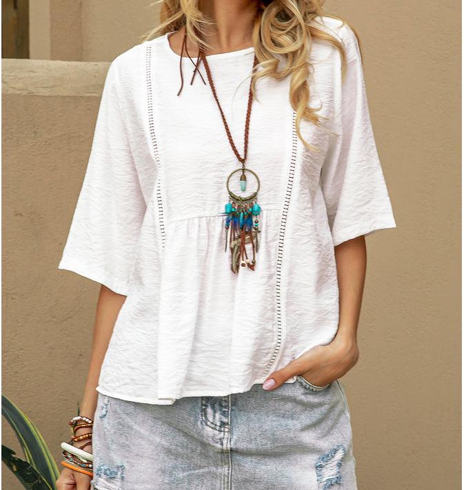 

2025 Весна/Лето Европейская и Американская Хлопково-льняная Повседневная Женская Рубашка с Кружевными Вырезами и Рукавами Средней Длины S белый