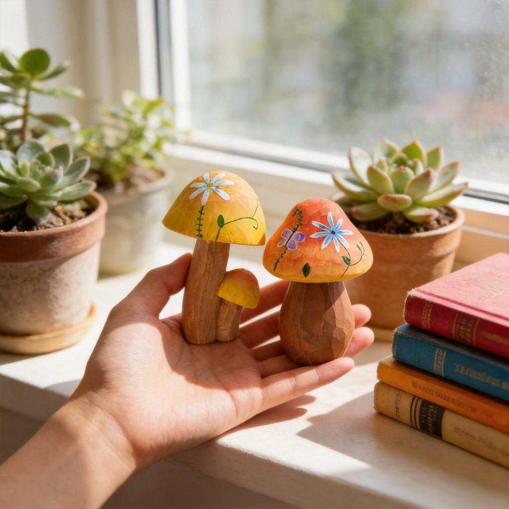 Wooden Mushroom Sculpture Handmade Housewarming Gift Kitchen Tabletop Ornament
