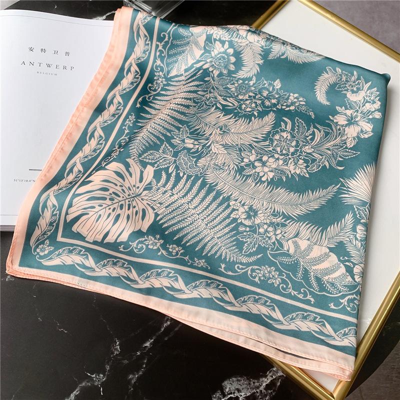 Fern Leaf Silk Scarf European and American Style Scarf Simulation Silk Thin Small Square Scarf 71cm Professional Scarf Decorative Headscarf Women