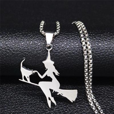 Witch Broom Cat Stainless Steel Necklace Women Witchcraft Silver Color Necklaces Pendants Jewelry