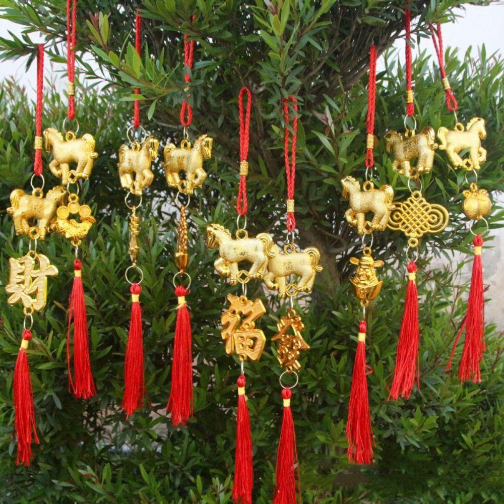 Red Gold Color Spring Festival Pendant Plastic with Tassel Zodiac Horse Pendant Traditional Good Luck Chinese New Year Gift