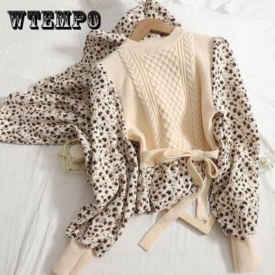 Autumn Sweater Dresses For Women Splicing Pullover Bandage Slim Knitting Dress Winter Sweet Corduroy Floral Print Dress Vestidos