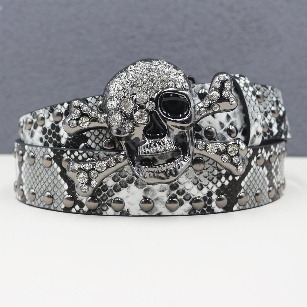 Y2K Rhinestone Skull & Snake Punk Belt - Unisex Leather with Rivet Decoration