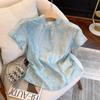 Summer Zen New Button-down Collar Top Blue Jacquard Short-sleeved Shirt Women's Summer