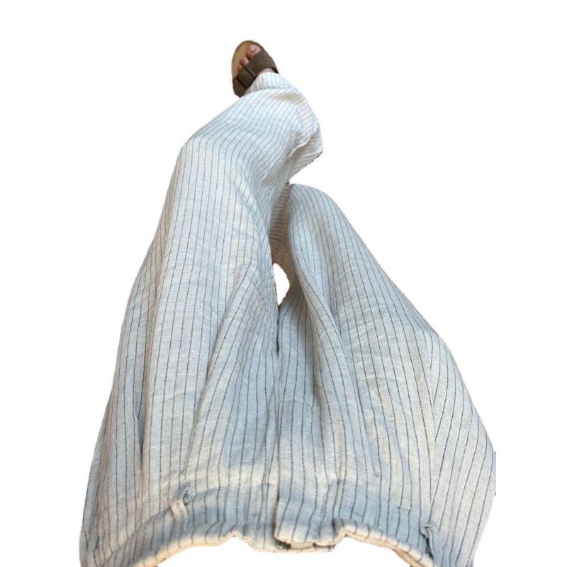 Summer Loose Pants Cotton Linen Linen High Waist Elastic Comfortable Breathable Wide Leg Pants Women's Loose Striped Casual Pants