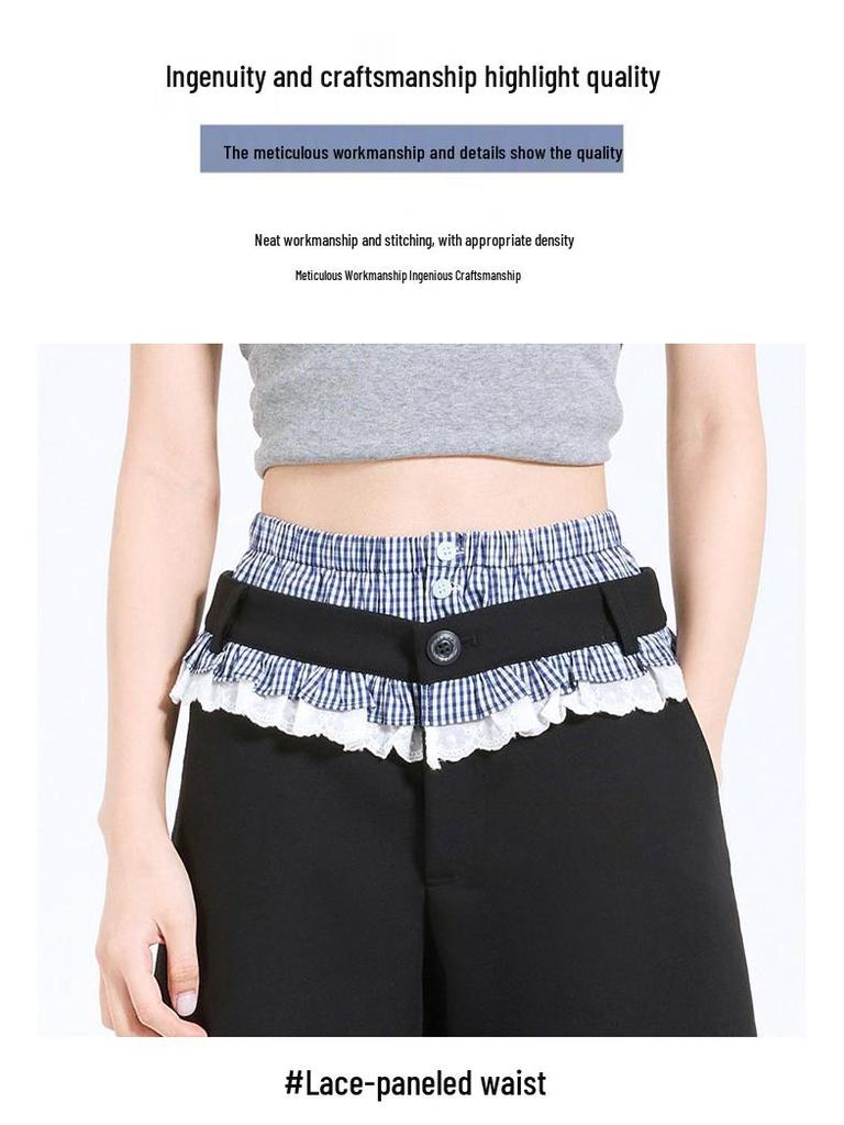 Plaid Patchwork Lace Double Waistband Wide-Leg Pants for Women - New 2025 Spring/Autumn Casual Long Pants