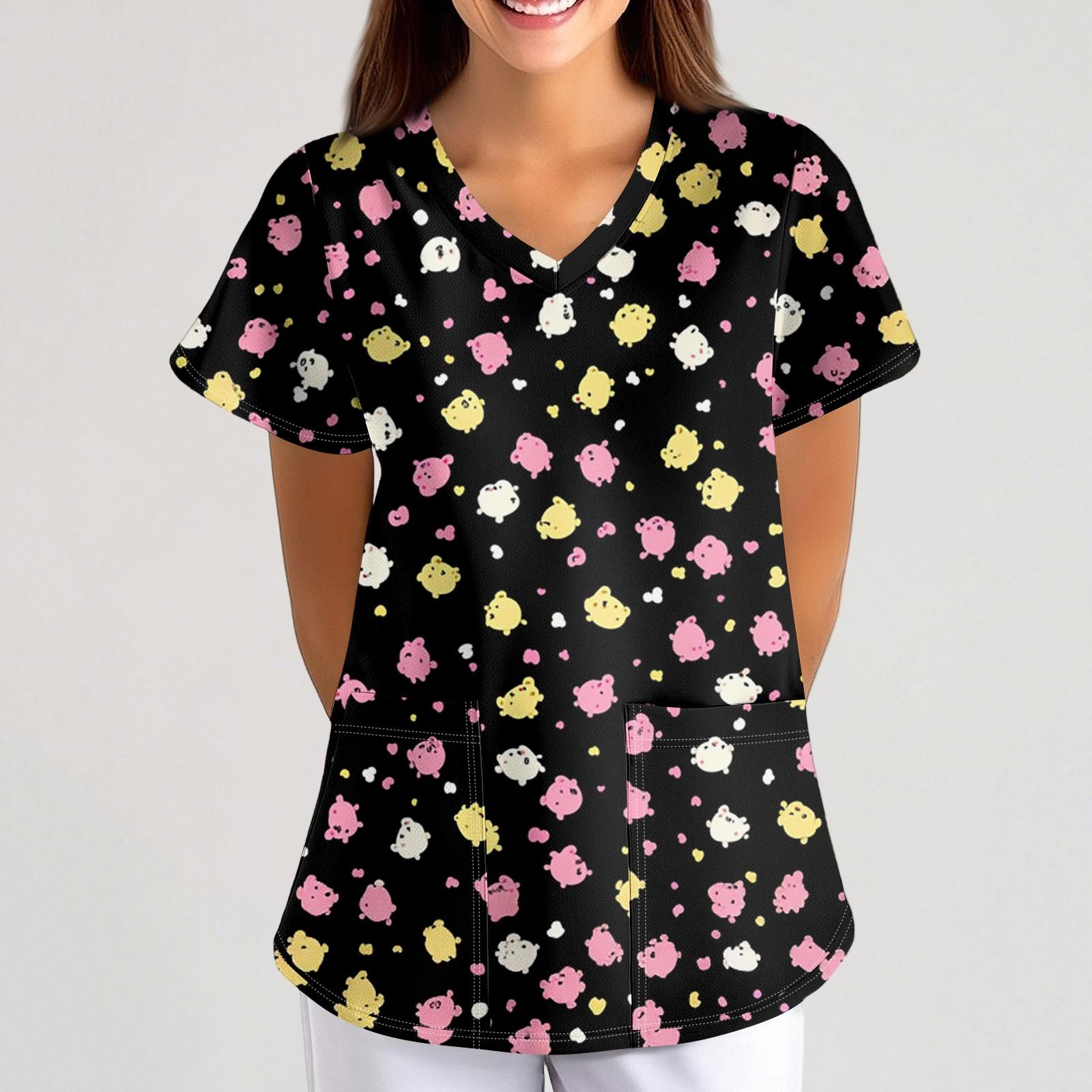 

Жіночий Маленький Тваринний Мультяшний Принт Вільний V-подібний Виріз Кишеня Короткий Рукав Уніформа Уніформа XXXL Темно-синій