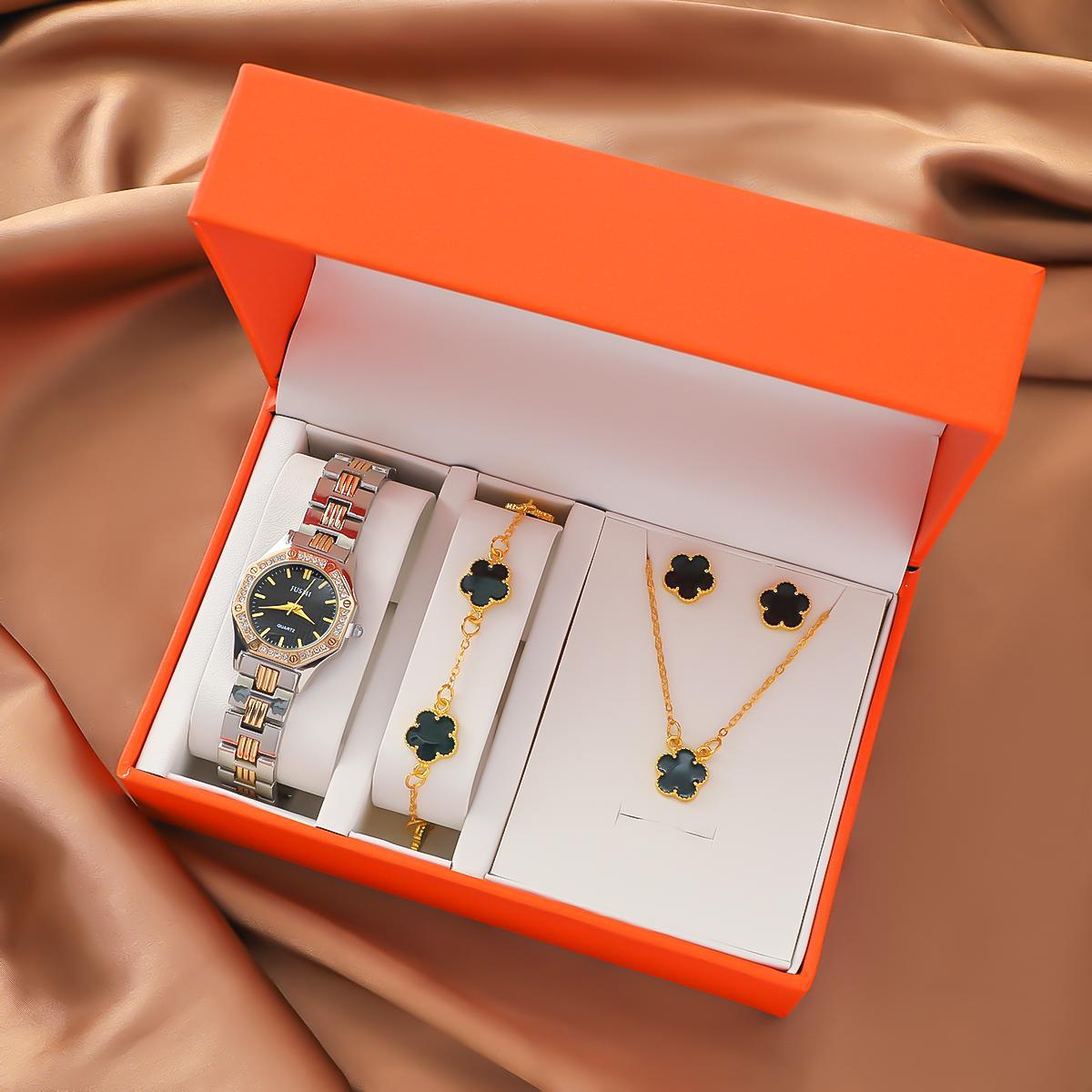 

New trendy strip without gift box, literal steel strap style diamond inlaid watch with peach blossom accessories, 4-piece set чёрный