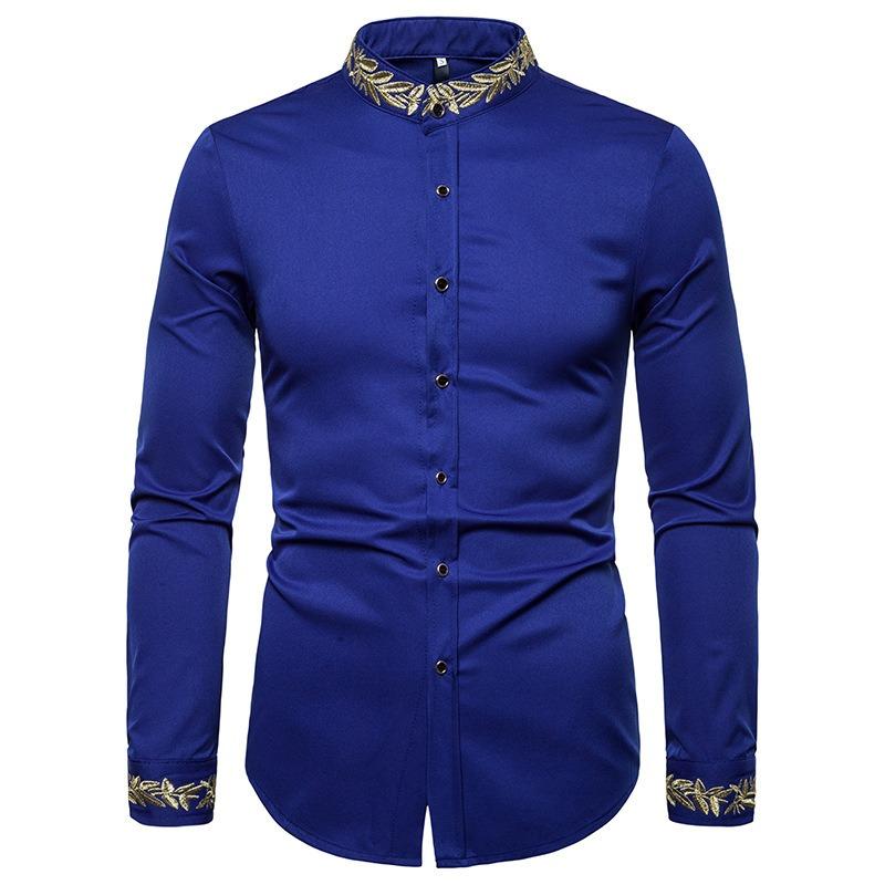 Camisa Casual de Manga Larga con Cuello Alto Bordado de Moda para Hombre Talla Europea