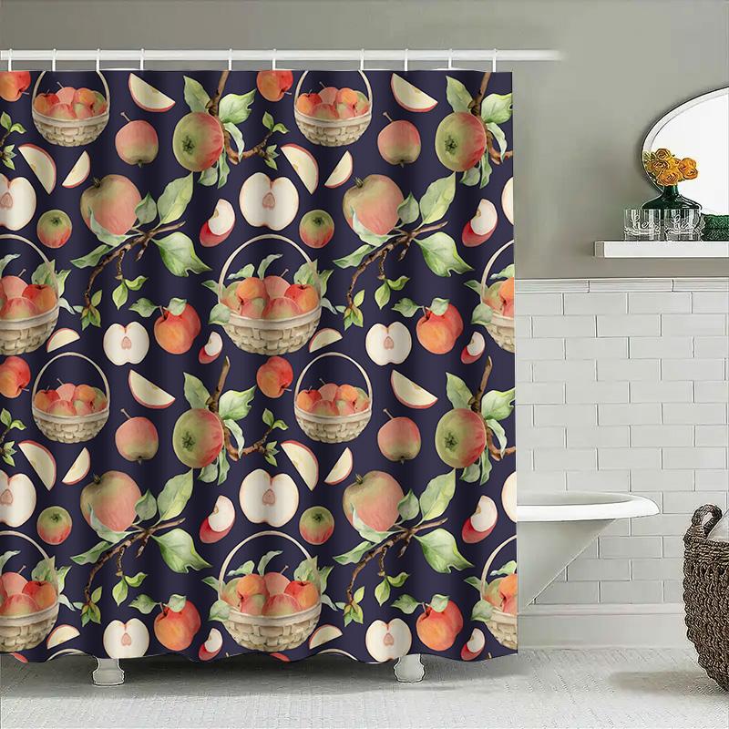 Fruit-Themed Shower Curtain Vintage Apples Design Waterproof Bathroom Decor Set Navy Blue Fabric With Fruit Illustrations 3D Pri