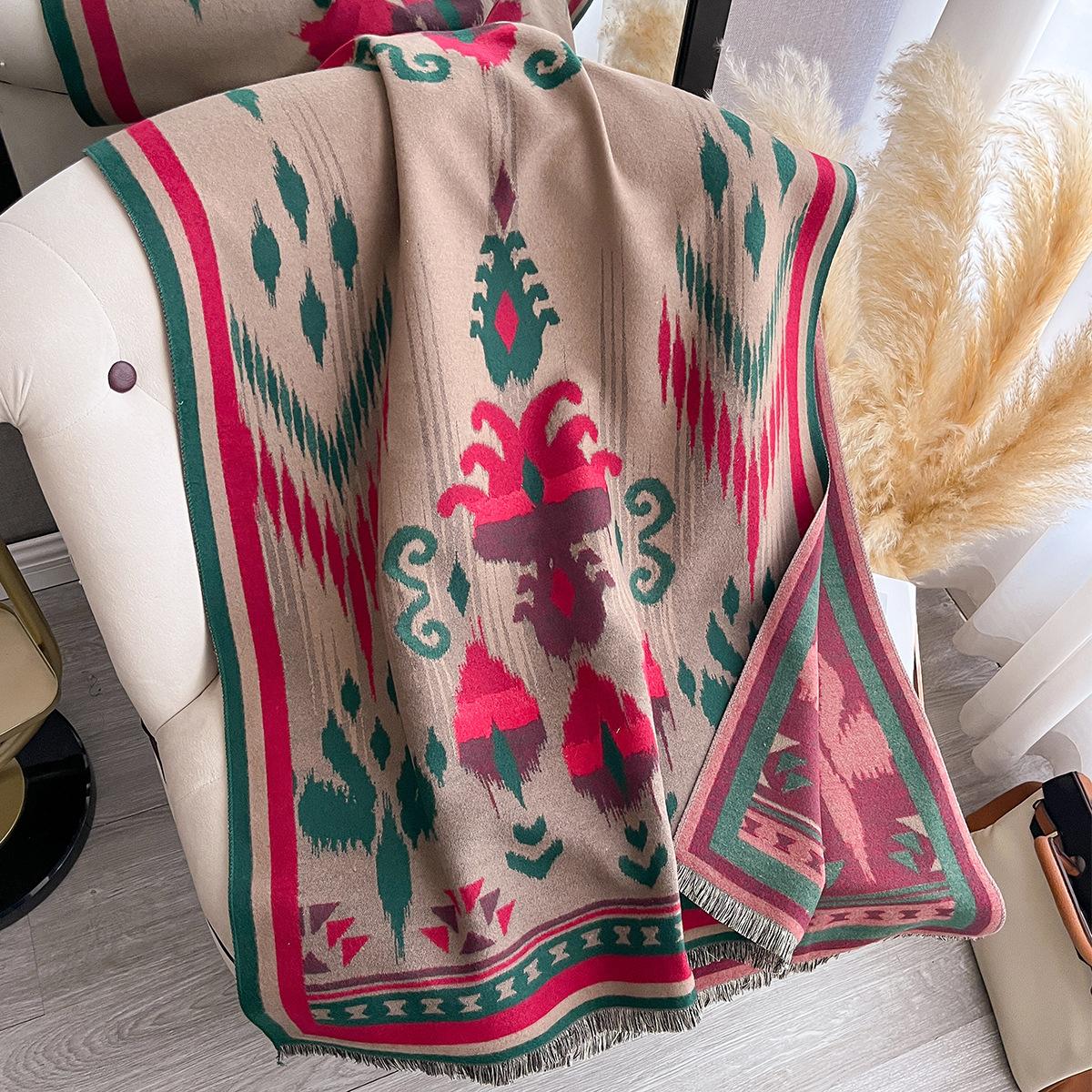 

Теплый жаккардовый шарф с цветочным узором женский осенне-зимний имитация кашемира украшение шаль для кондиционера универсальный короткий шарф с бахромой 185x65cm верблюд