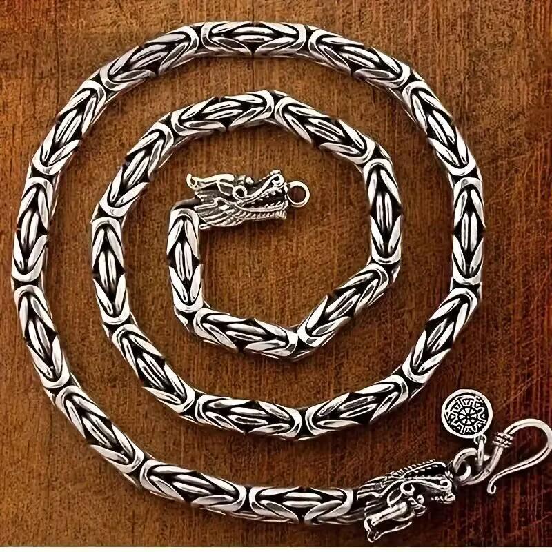 Retro Distressed Dragon Head Silver-Plated Necklace with Thai Silver Bone Chain - Versatile Hip Hop Style for Men.